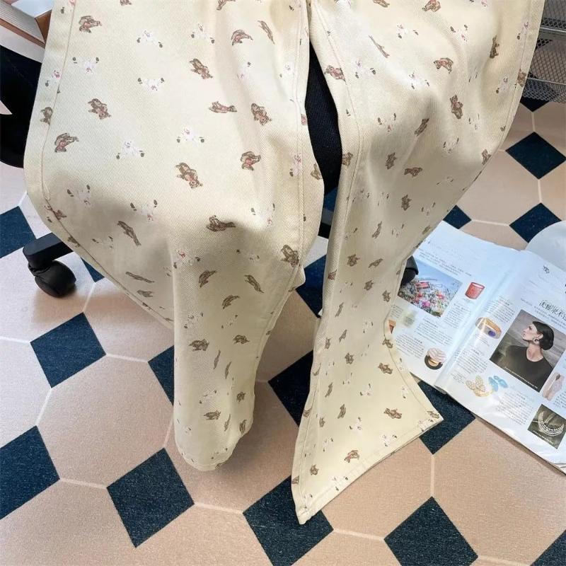 Женские джинсы с принтом «Маленький медведь», летние свободные повседневные прямые широкие брюки с высокой талией в стиле «американский ретро»