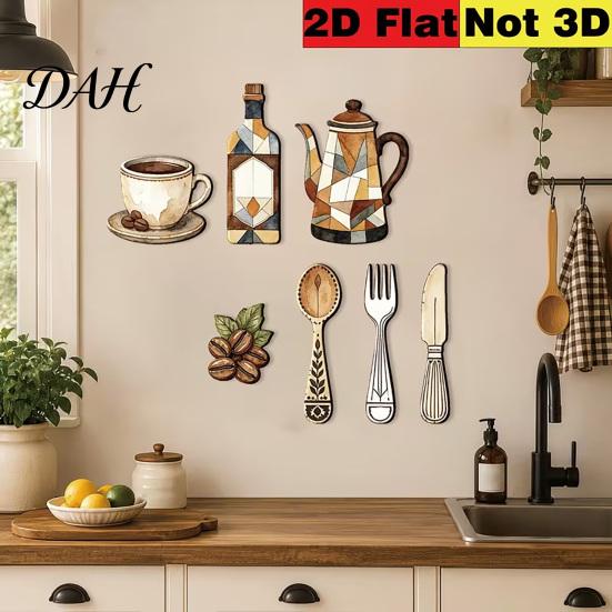 Decorative Wall Stickers 7Pcs Farmhouse Coffee Themed Wooden Decor, 2D Flat Kitchen Art Utensil Plaques, Retro Rustic Ornaments for Home Dining