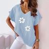 Summer Shirts Women Fashion Plant Flower Print V-neck Cotton Linen Casual Bat Short Sleeved T-shirt Women
