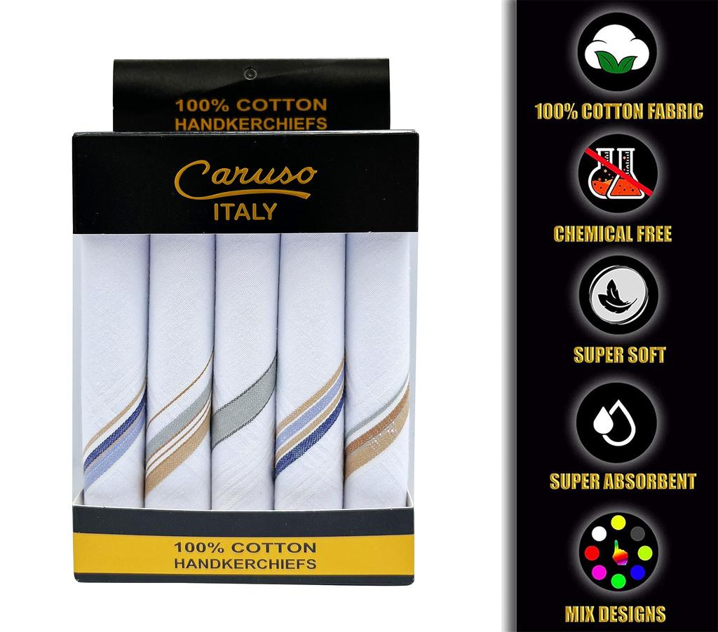 Мужские премиальные носовые платки Caruso Italy из 100% чистого хлопка с цветной каймой - 5 штук, один размер подходит большинству, белый