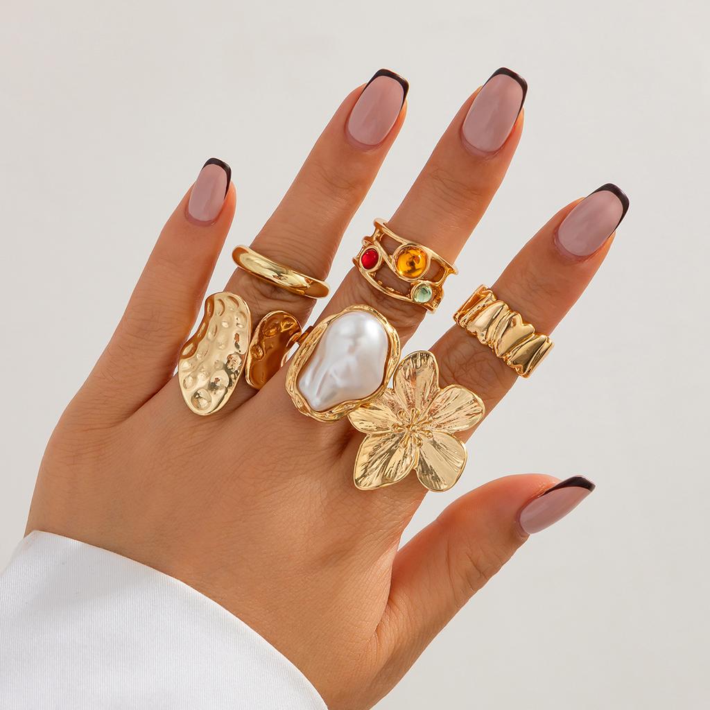 8Pcs/Set Vintage Metal Petal Flower Water Drop Open Rings for Women Trend Goth Geometric Rings Set Daily Jewelry Gift