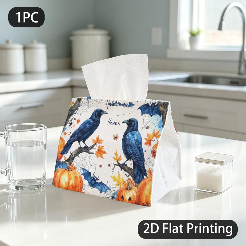 1pc Tissue Box, Watercolor Halloween Crows Spooky Charm Pattern, 2D Flat Printing, Made from Tough Polyester, Built to Last, Tissue Holder, for Daily