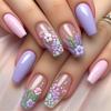 24 Pcs Purple Artificial Nail Short Ballerinas Full Cover False Nail Glossy Stick On Nail 3D Flowers Press On Nail