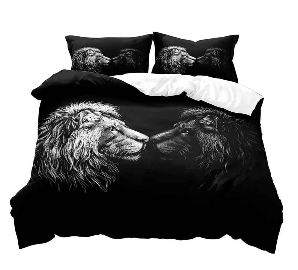 3PCS Lion King & Queen Bedding Set African Safari Animal Black Bedding Comforter Cover Bedroom Decor for Couples Full Size