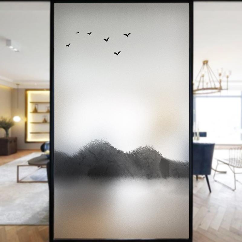 Китайская живопись тушью Пленка для приватного стекла Классический стиль Пейзажный узор Оконные пленки Статичные наклейки на окна с витражами
