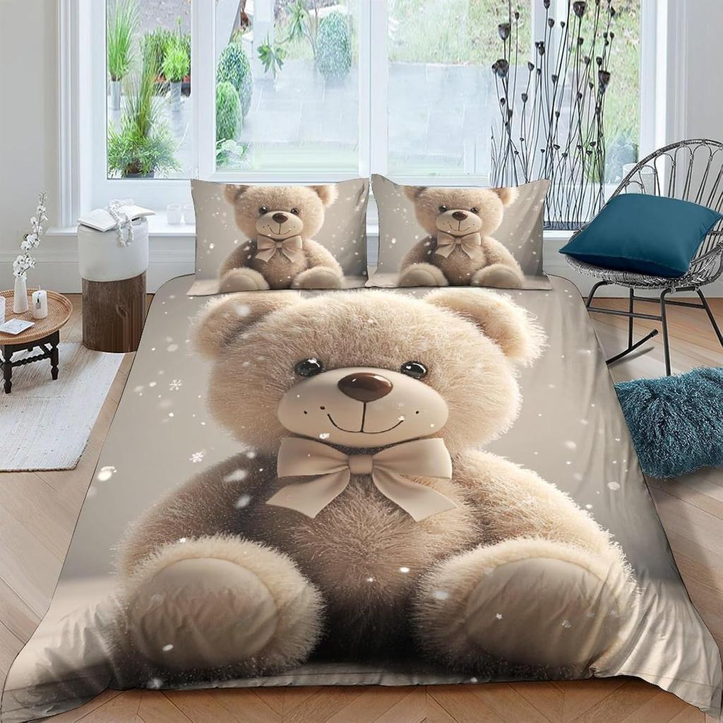 Teddy Bear Cute 3D Printing Duvet Cover Set, Microfibre Children's Room Decor Duvet Insert Cover and Pillowcases Home Decor