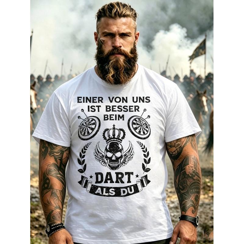 Men'S T-Shirt Black Skull And Dart Design With German Text For Casual Wear, Plus Size