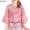 Women Casual Lace Crochet Splice 3/4 Sleeve Loose Blouse