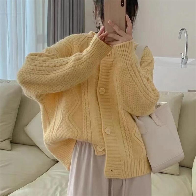 Желтый вязаный кардиган женский свободный джемпер хаки верхняя одежда свитера свитер Y2k пальто
