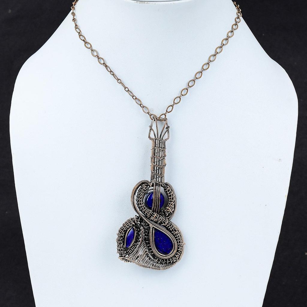 Подвеска из лазурита, подвеска из медной проволоки, ювелирное изделие ручной работы, подвеска в виде гитары, драгоценный камень, медное ювелирное изделие, подарок для мамы, уникальный дизайнерский кулон