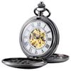 TREEWETO Skeleton Mechanical Pocket Watch Retro Roman Numeral Half Hunter Black Men's