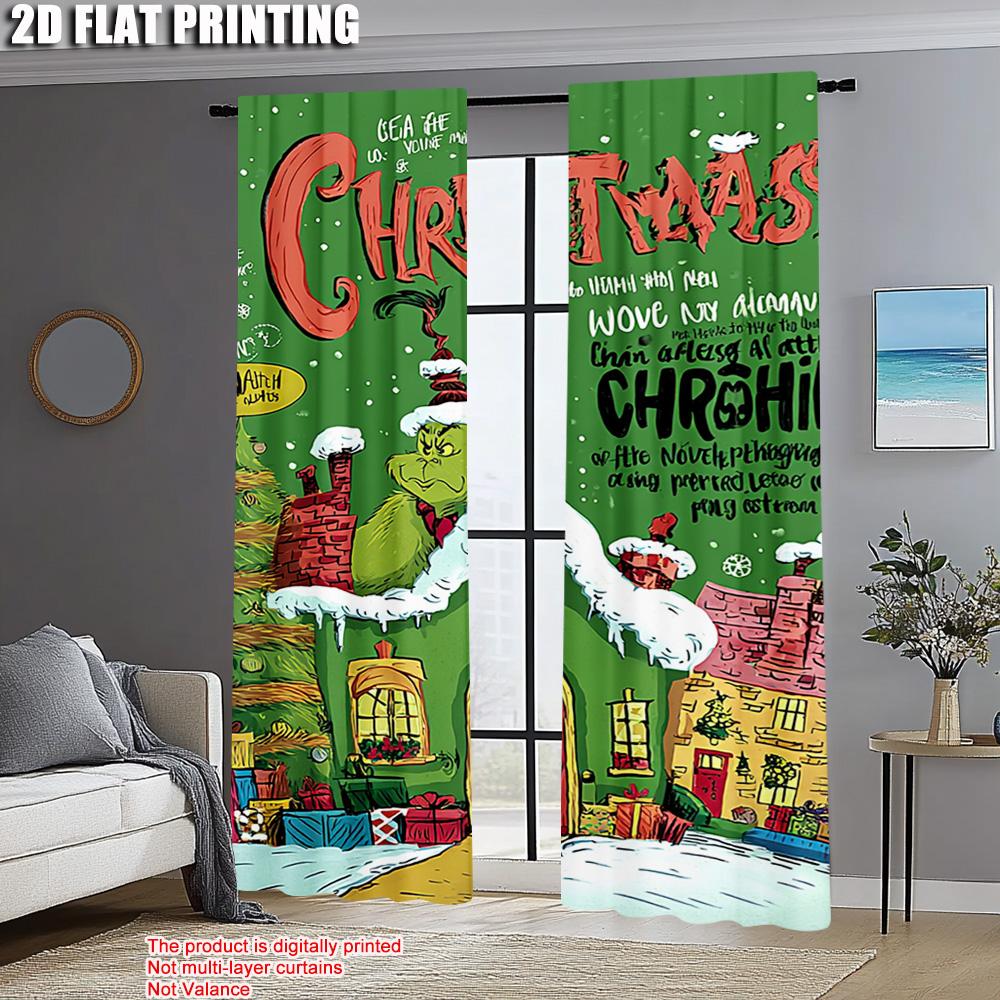 2pcs,2D plane printing Popular Curtains Merry Christmas Snowflakes & Whimsical House Versatile Polyester Fabric (without rod)