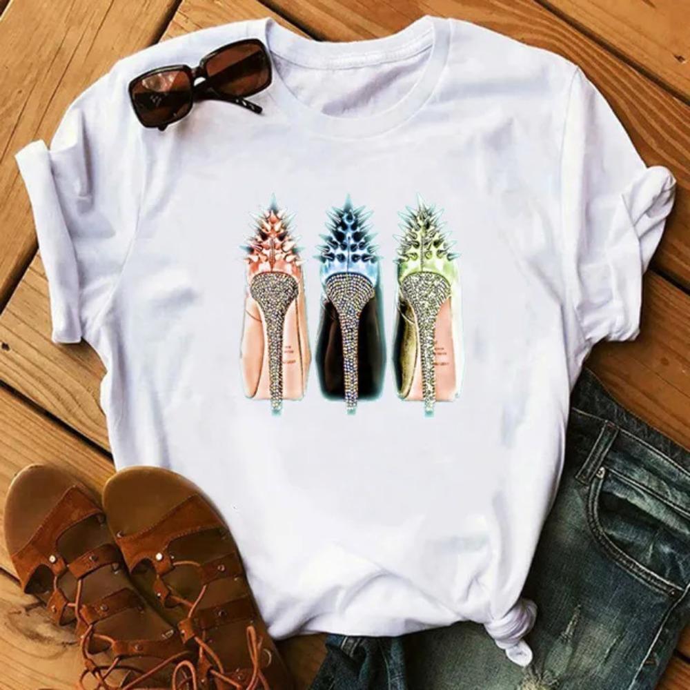 New Fashion High Heels Personalized Printed Women's Summer Short Sleeve T-shirt Casual Tops Oversized T Shirt Harajuku Tee