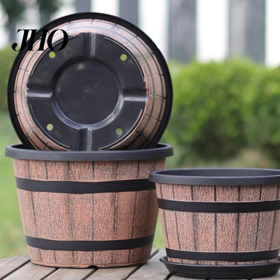 Balcony Plant Pot Flowerpot Rustic Barrel Style Pots with Built-In Drainage Holes 8" Brown Plastic-Inspired Planter Finish Extra-Large, Thick