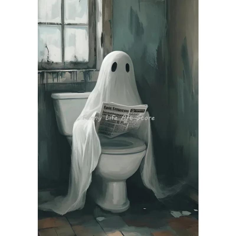 Gothic Ghost Skeleton Reading in Toilet Halloween Poster Canvas Painting Spooky Wall Decor for Living Room Bathroom and Home