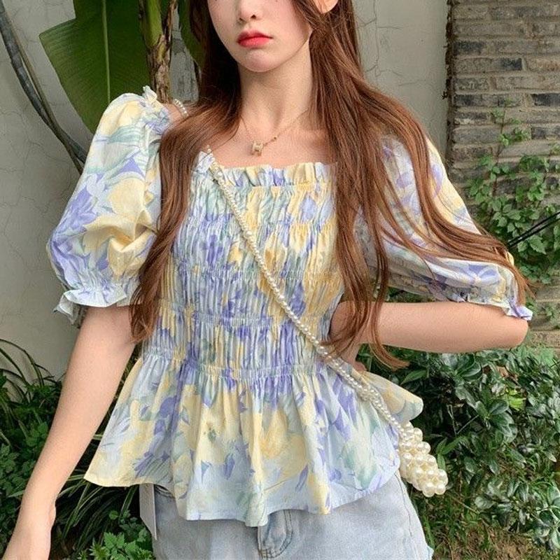 Сломанная блузка французский стиль рукав-буф фонарик лето новая милая вырез лодочкой стильная сборка приталенная винтажная рубашка