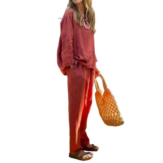 2 шт./компл. Женский костюм топ и брюки однотонный с длинными рукавами и круглым вырезом