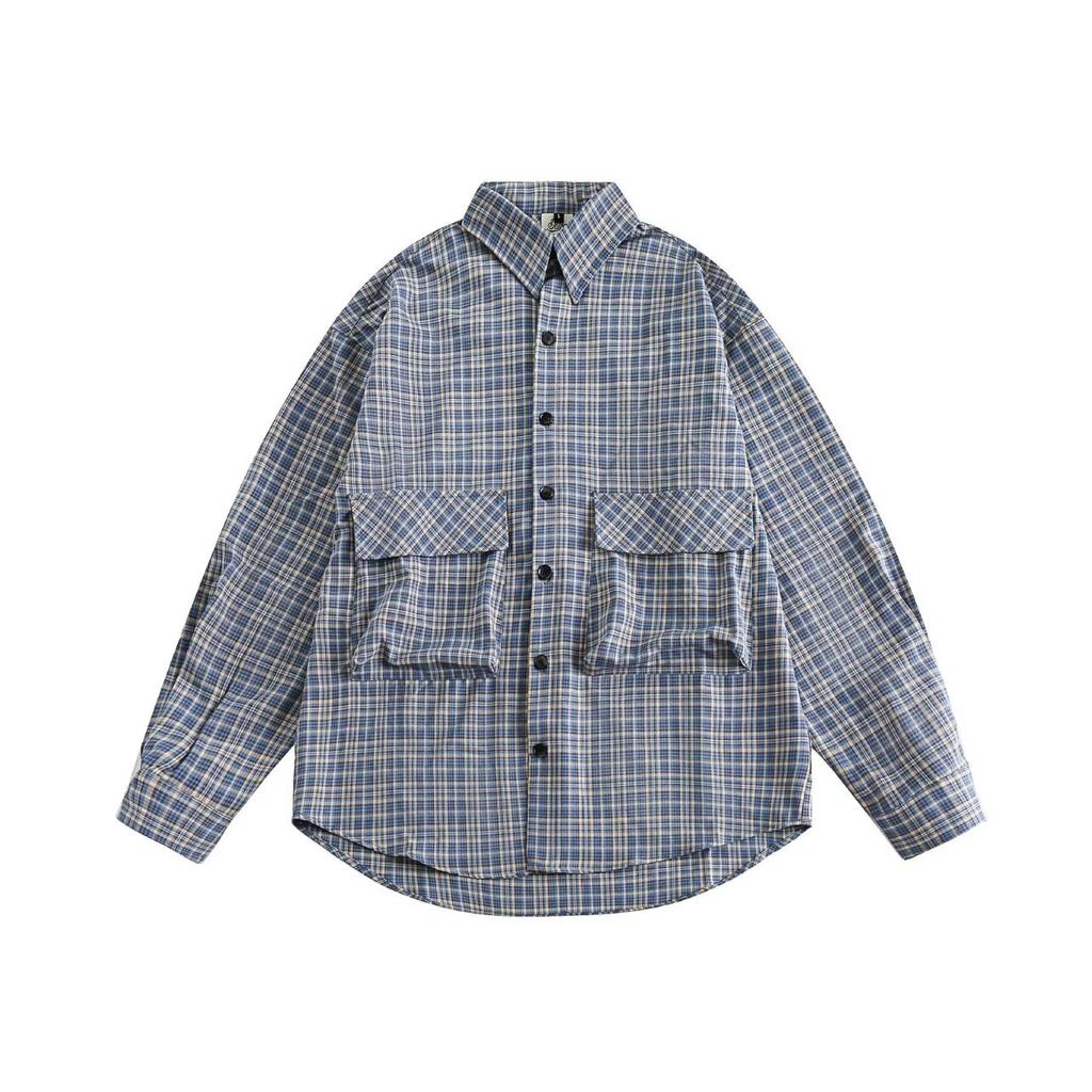 Japanese-Style Retro Large Pocket Plaid Long-Sleeved Shirt Men and Women Vintage Multi-Pocket Couple Contrast Color Shirt Coat