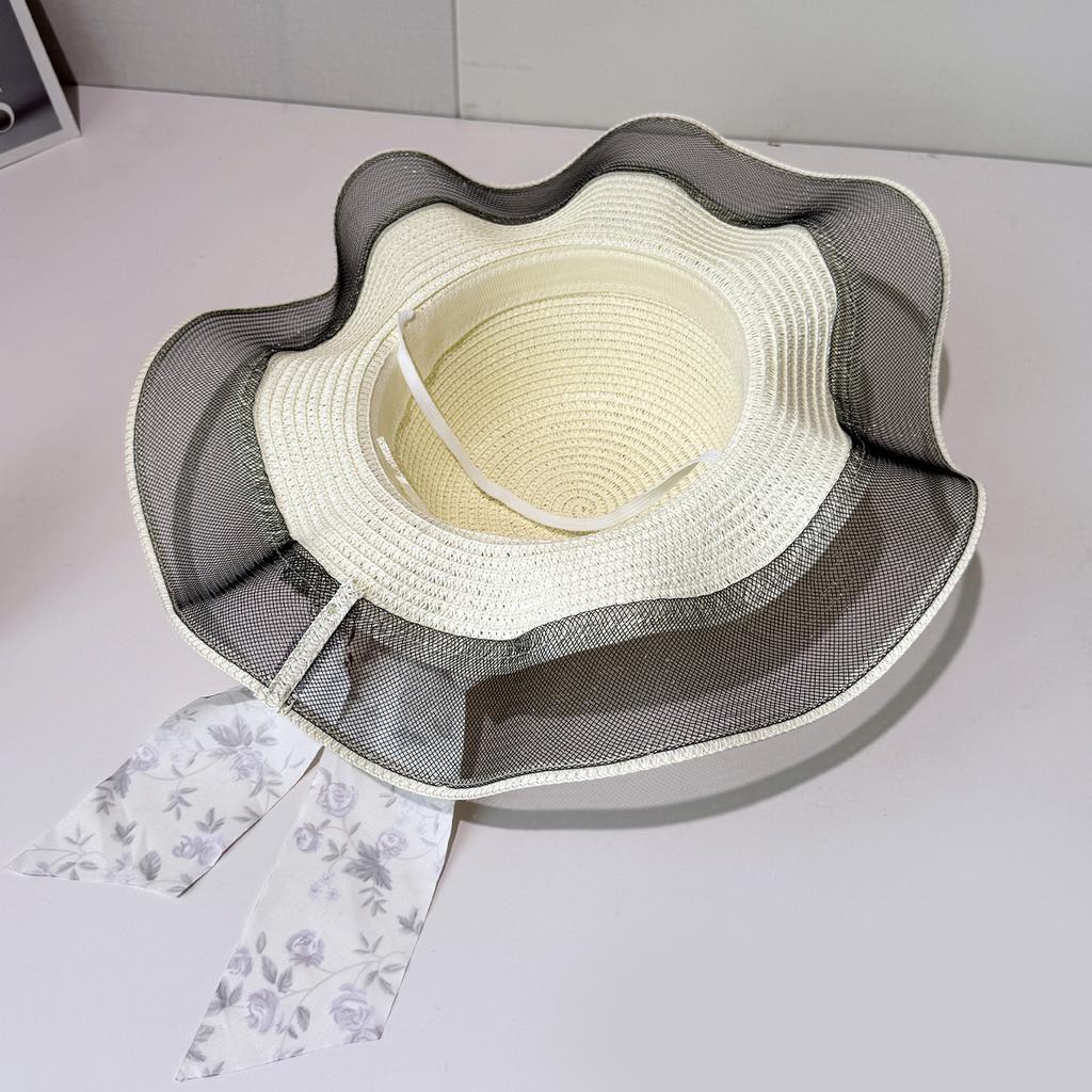 Summer New Straw Hat Floral Streamer Pearl Decoration Sun Hat Seaside Outing Big Eaves Sun Protection Hat