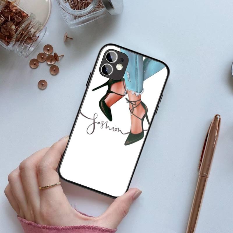 Модный чехол для телефона на высоком каблуке для девочек IPhone 14 13 12 11 XS X 8 7 6 Plus Mini Pro Max SE 2022, черный стеклянный чехол из поликарбоната и ТПУ