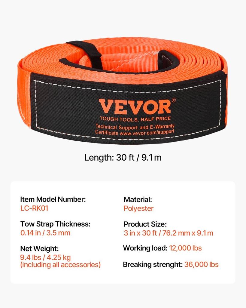 Car Tow Cable Towing Strap Rope 36000 lbs 30ft 3-inch Emergency Heavy Duty