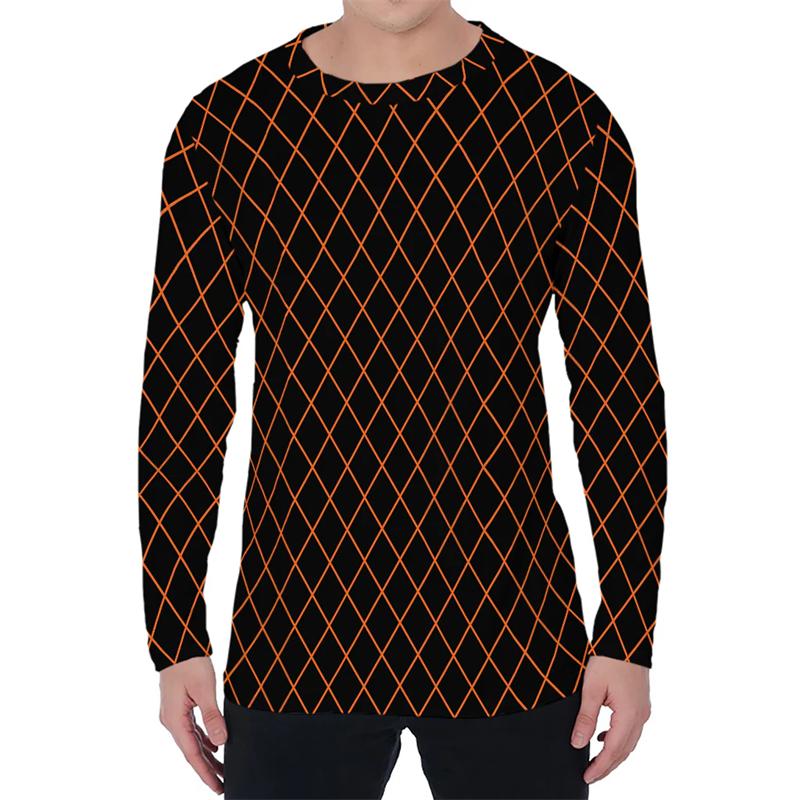 Simple Argyle Pattern Men's T-shirts Fashion Casual 3D Printed Long Sleeve T-shirts Loose Round Neck Streetwear Pullovers