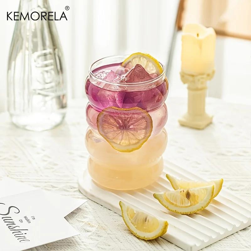 1/4PCS 16OZ Creative Glass Cup Straw Heat-Resistant Wave Cup Beer Juice Ice Coffee Cups Cocktail Fruit Glass Drinkware