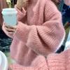 Осень-зима, розовый свитер-пуловер, женский свободный, новый, большого размера, с длинными рукавами, вязаный свитер, толстый, повседневный, простой, трикотаж, одежда 2124