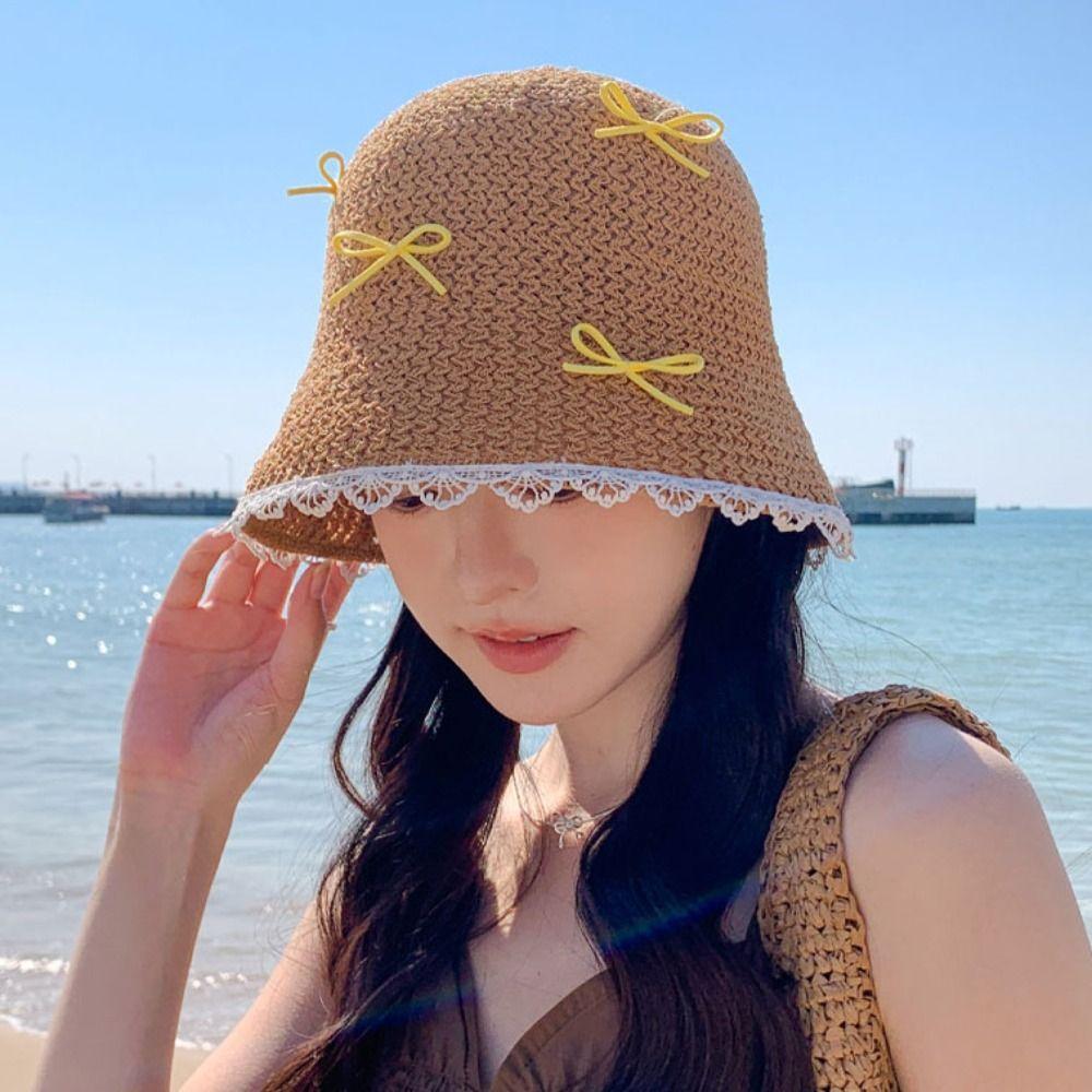 Lace Bow Straw Hat Sun Protection Women's Sun Hat Fashion Sunscreen Fisherman Hat Women