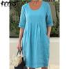 Женская мода лето весна однотонный принт рукава 1/2 U-образный вырез свободная талия повседневные платья