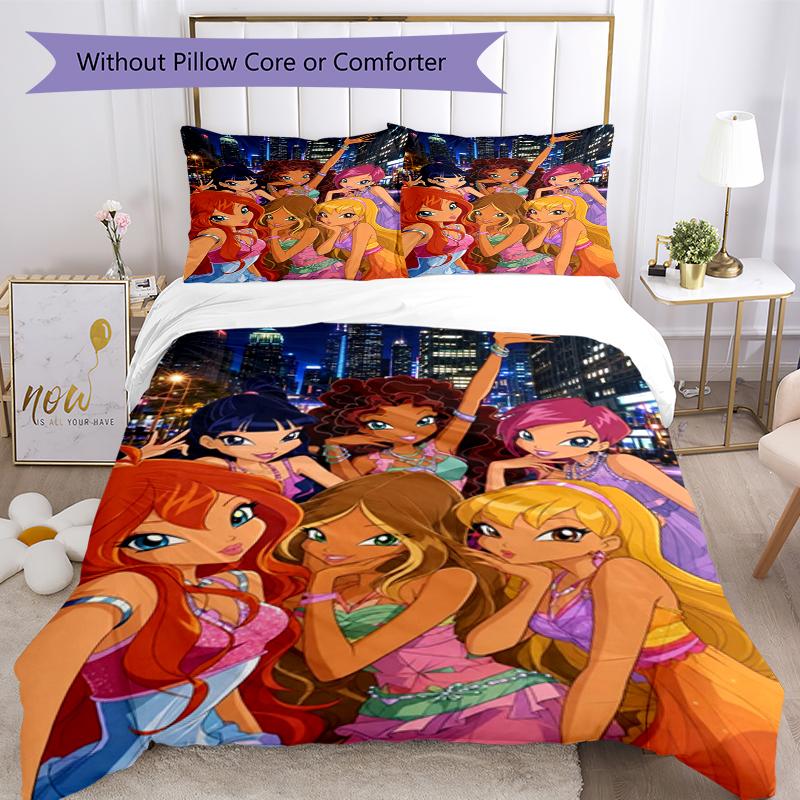 3 шт. Комплект постельного белья Winx Club Застежка на пододеяльнике Включает 1 пододеяльник и 2 наволочки, Мягкий и удобный для всех сезонов.