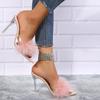 Fashion Women's Slippers 2025 Pink Feather Peep Toe Pointed Slippers Sexy Slip On Clear Heel Slides Women Thin Heels Summer Footwear