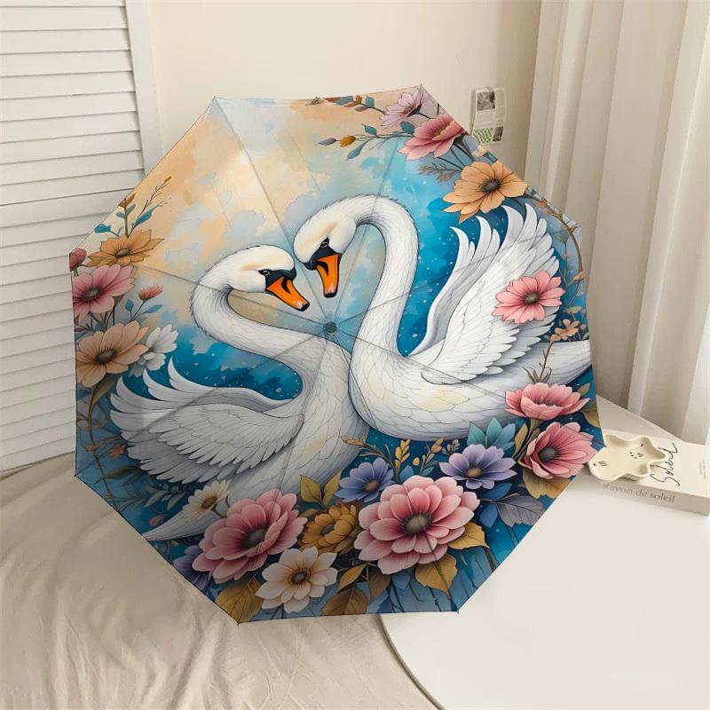 1pc Swans Flowers Automatic Open/Close Umbrella Compact Folding Umbrella with 8-Rib Shaft for Women/Men, Elegant Birthday1134S