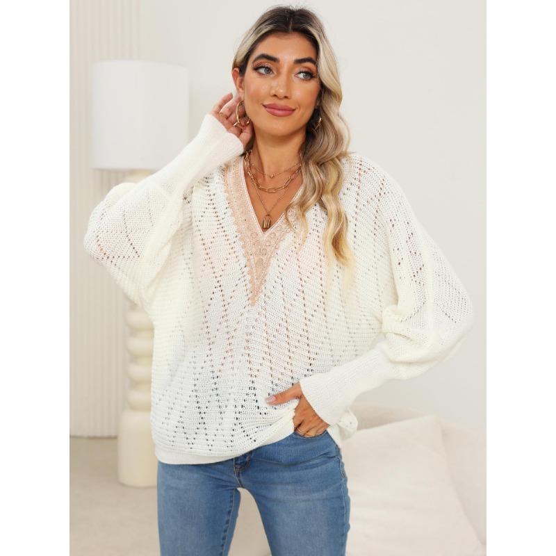 Женский свитер осень/зима с вырезом, кружевом и V-образным вырезом в стиле пэчворк с рукавами летучая мышь