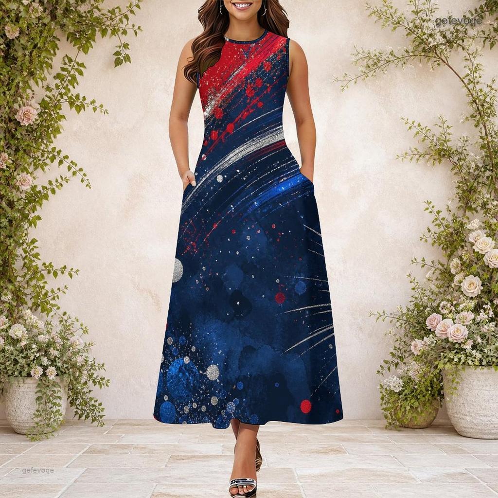 Women Plus Size Round Neck Sleeveless American Eagle Printed A Line Long Dress With Pockets