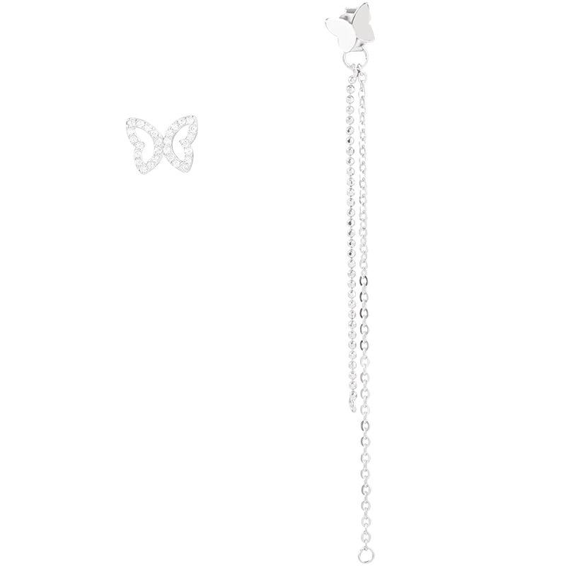 925 Sterling Silver Asymmetry Tassel Crystal Butterfly Stud Earring for Women Party Jewelry Pendientes Accessories Eh1649