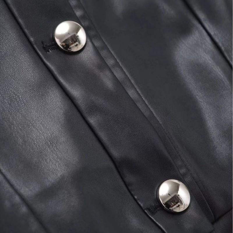Womens Short Faux Leather Jacket Round Neck Spliced Lace Hem Slim Fit Vintage Style
