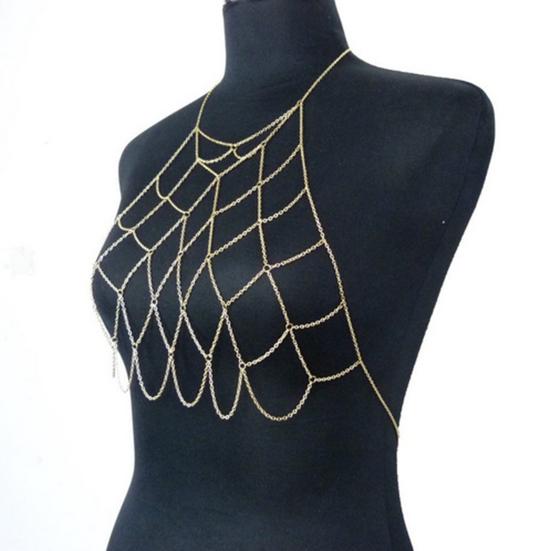 Body Chain Geometric Sexy Hollow Out Crossover Electroplating Dress Up Vacation Gift Women Mesh Bikini Bra Chain Harness Necklace Jewelry Beach Wear