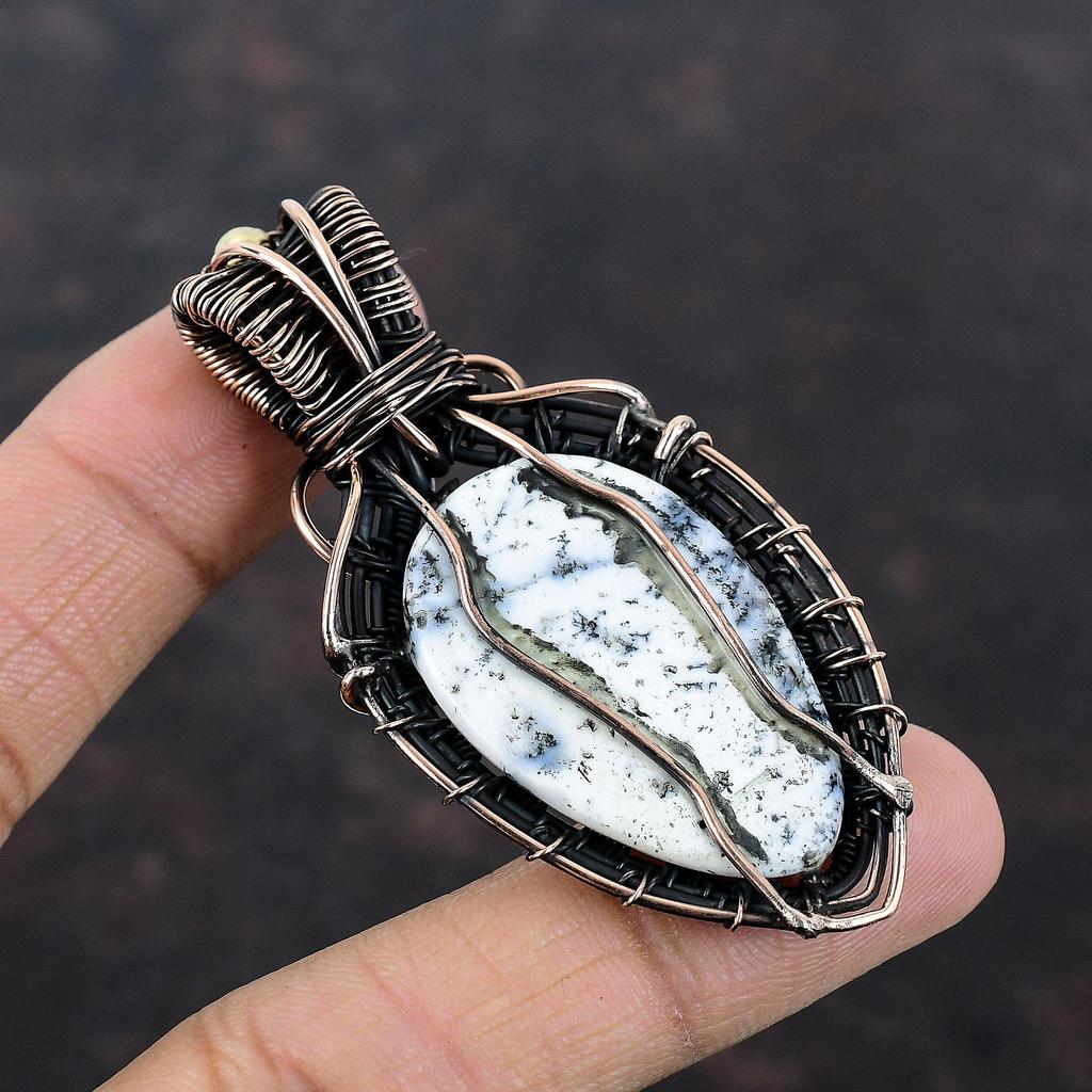 Подвеска из опала с дендритом, медная проволока, обернутая подвеской, драгоценный камень, кулон ручной работы, медная проволока, обернутая ювелирными изделиями, стильный кулон, подарок для матери