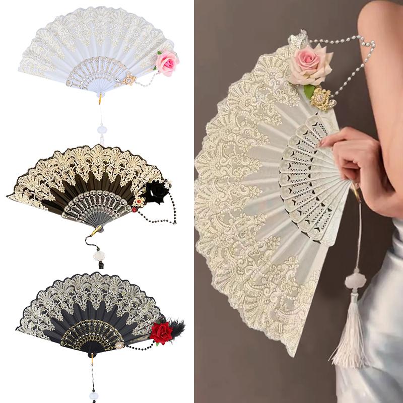 1PC Rose Hot Stamping Fan Lolita Wine Red Rose Fan Decorative Ornaments Lace Rose Folding Fan COS Prop 3 Styles