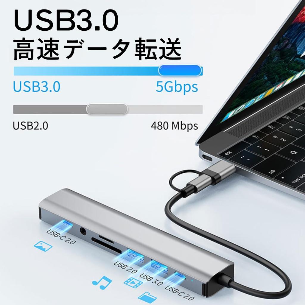 USB-C хаб с проводной LAN 5 Гбит/с, карта данных LAN, аудио, питание. Совместим с MacBook, iPad и другими, а также с системами Android. 9-в-2, разъем C-A, адаптер,