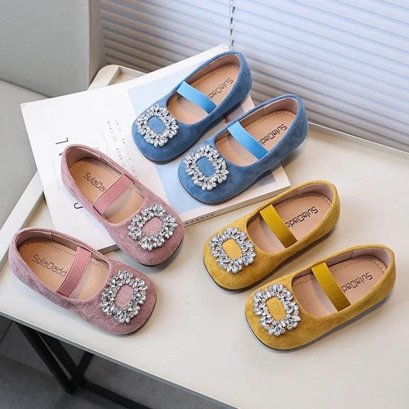 Children Girls Leather Shoes Luxury Rhinestone Kids Fashion Ballet Flat Shoes Elegant Versatile Princess Causal Shoes Slip-on