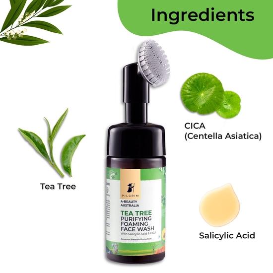 PILGRIM Australian Tea Tree & 1%Salicylic Acid Foaming Face Wash with brush|Tea Tree Face Wash with 1%salicylic acid|Women & Men|120ml