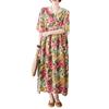 Women Summer Loose Dress Vintage Printed with Pockets Short Sleeves Round Neck Drop Shoulder Casual