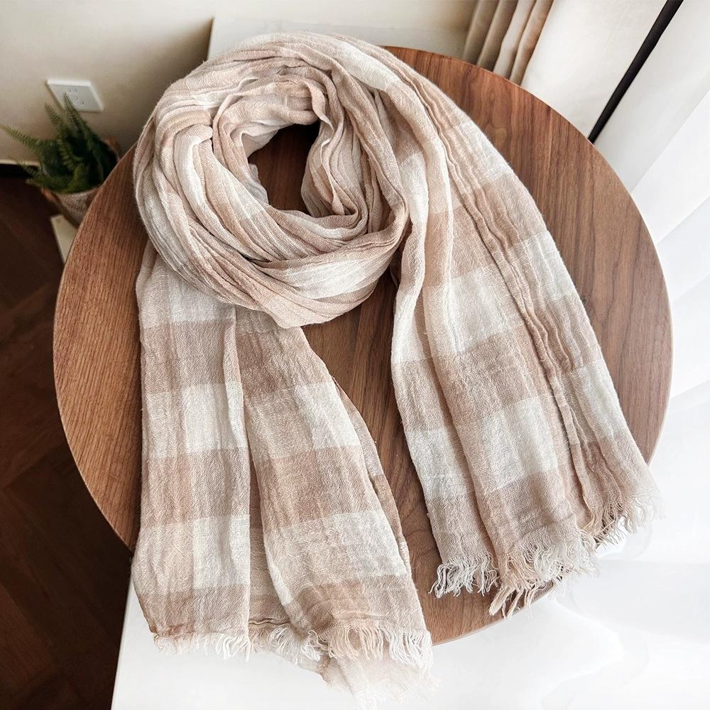Japanese Literary Linen Scarf Classical Plaid Cotton and Linen Blend Scarf for Men and Women Neutral Unisex Retro Warm Scarves