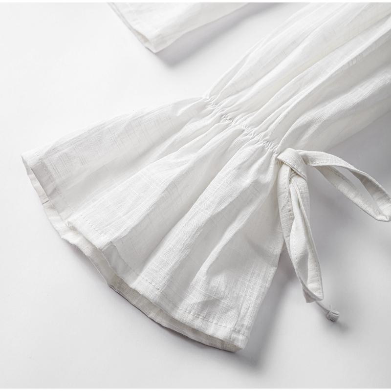 Solid Linen Lace Up Bow Shirts Women Turn-down Collar Lantern Sleeve Blouse Ruffles Summer