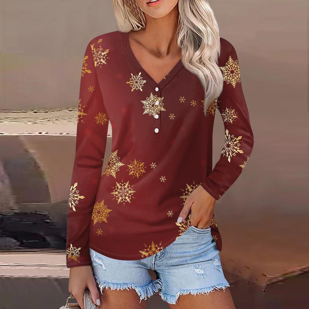 Women's Casual Fashion Sexy Comfort Christmas Printed V-Neck Button Long Sleeve