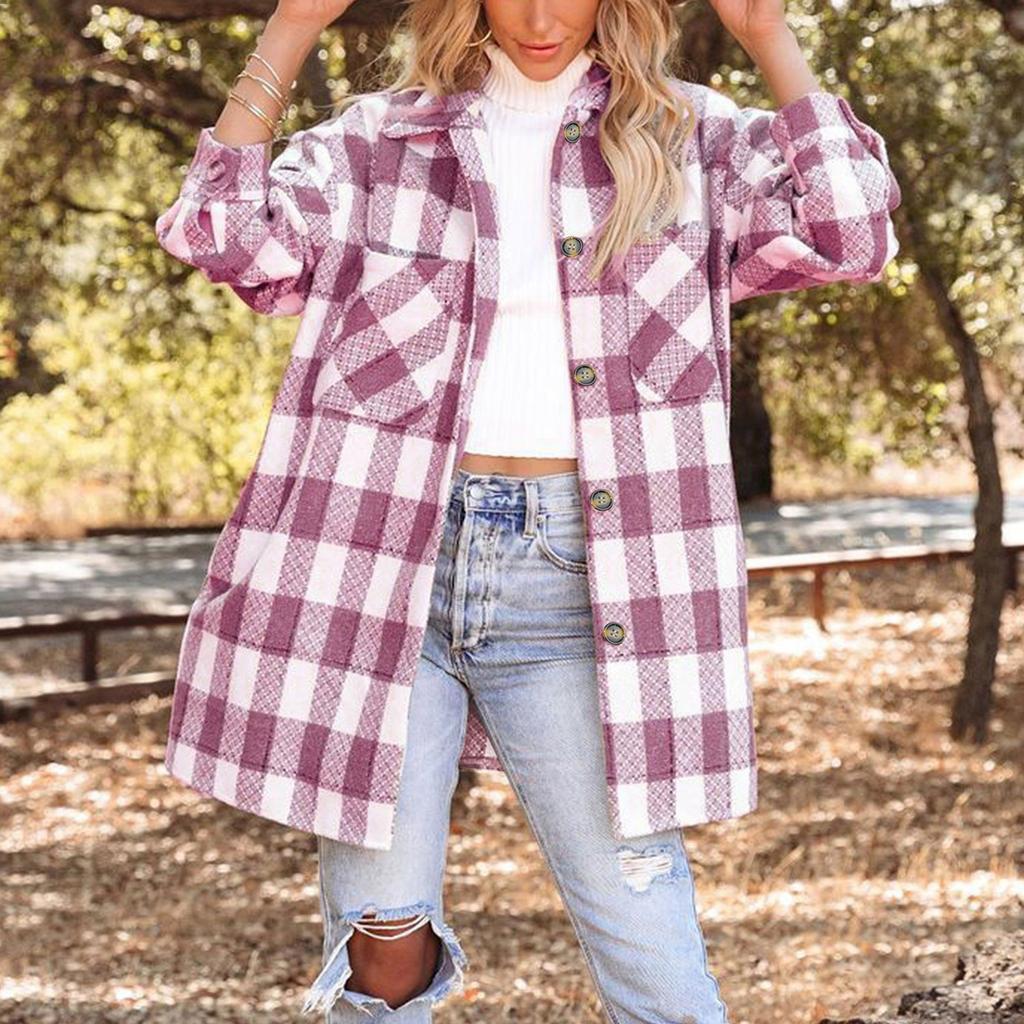 Women's And Winter Plaid Color Block Patchwork Coat With Pockets Lapel Classic British Style Tweed Coat