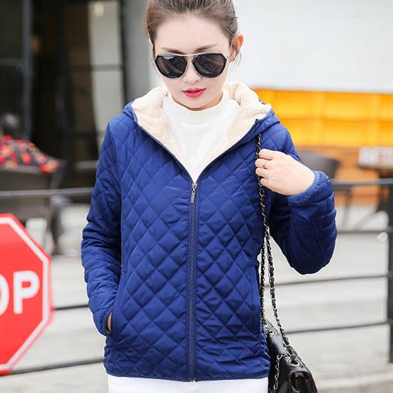 Winter Women Jacket Hooded Zip-up Long Sleeves Thick Plush Lined Solid Color