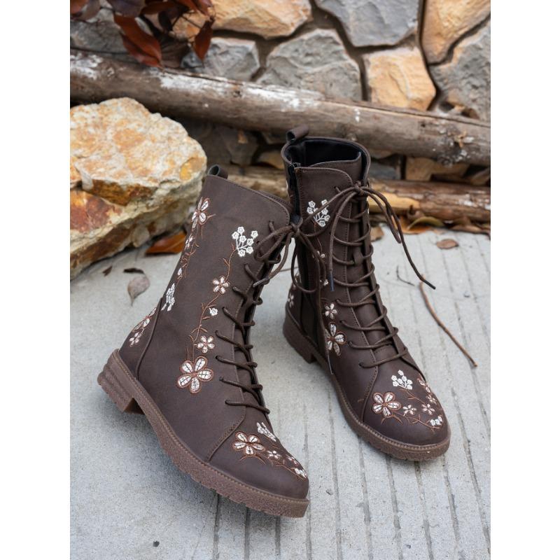 Autumn and Winter New Flat-bottom Embroidered Martin Boots Women's Round Head Square Heel Side Zipper Lace-up Medium Boots Women